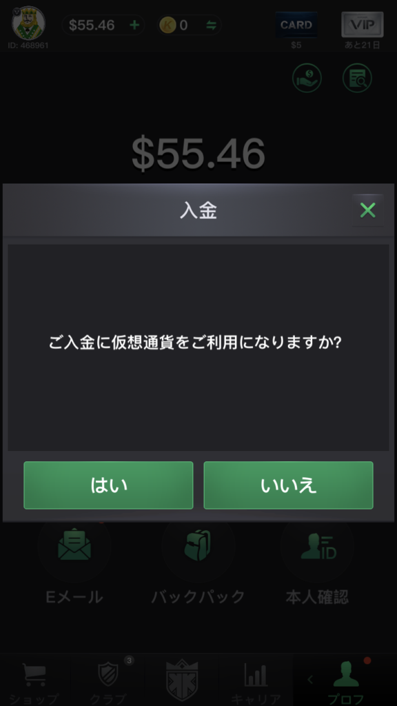 仮想通貨での入金手続き画面