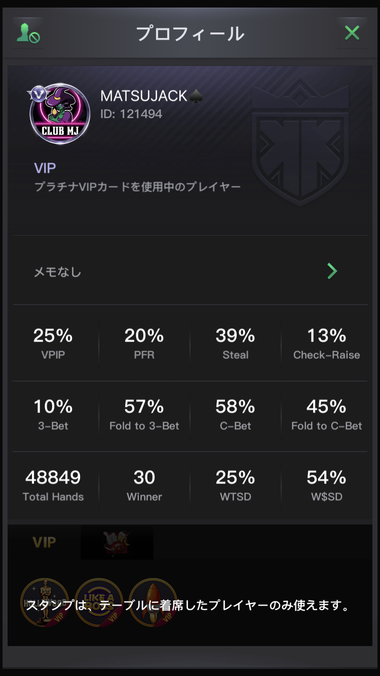 プレイヤー様のプロフィール画面