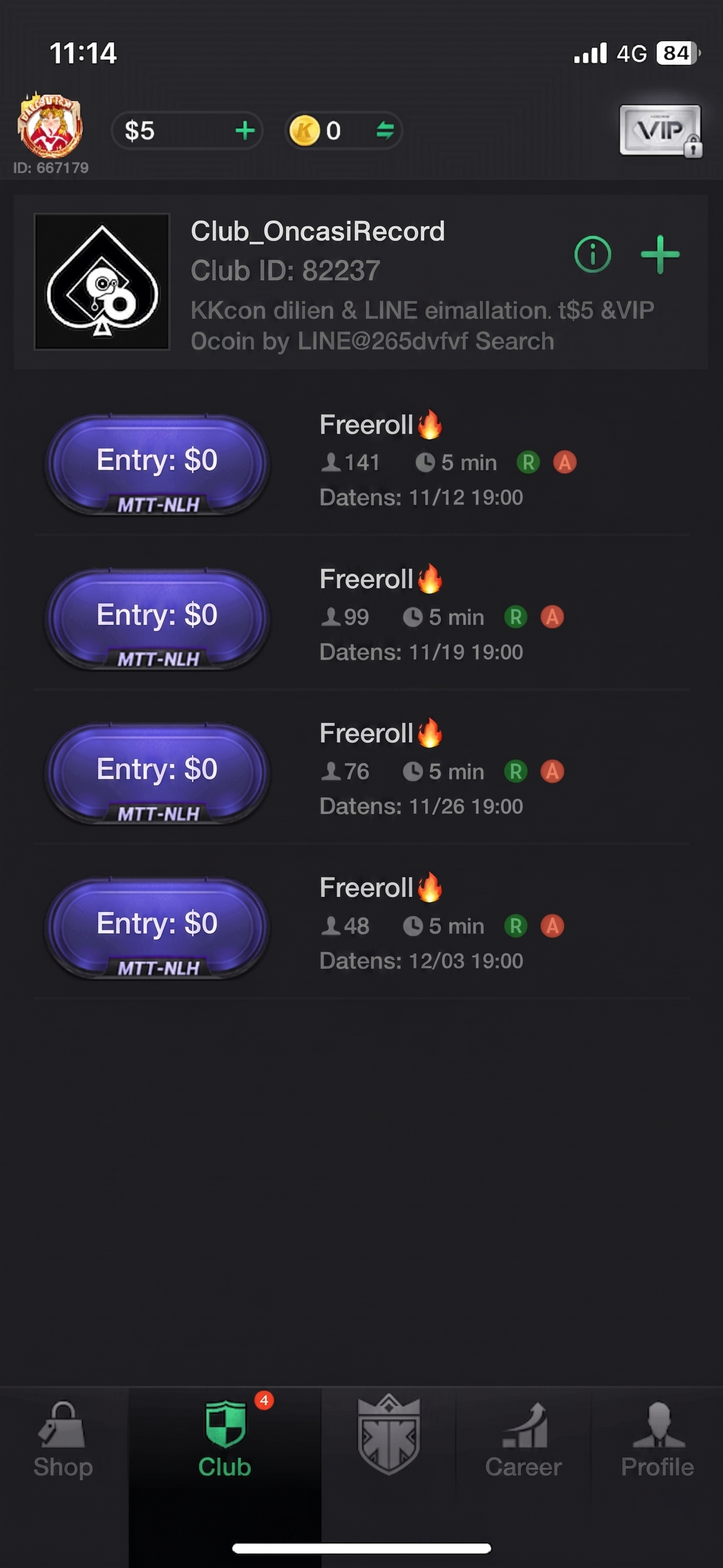The one labeled "Entry Fee: $0" is a freeroll. Club freerolls are subject to approval, so please wait until you are approved.