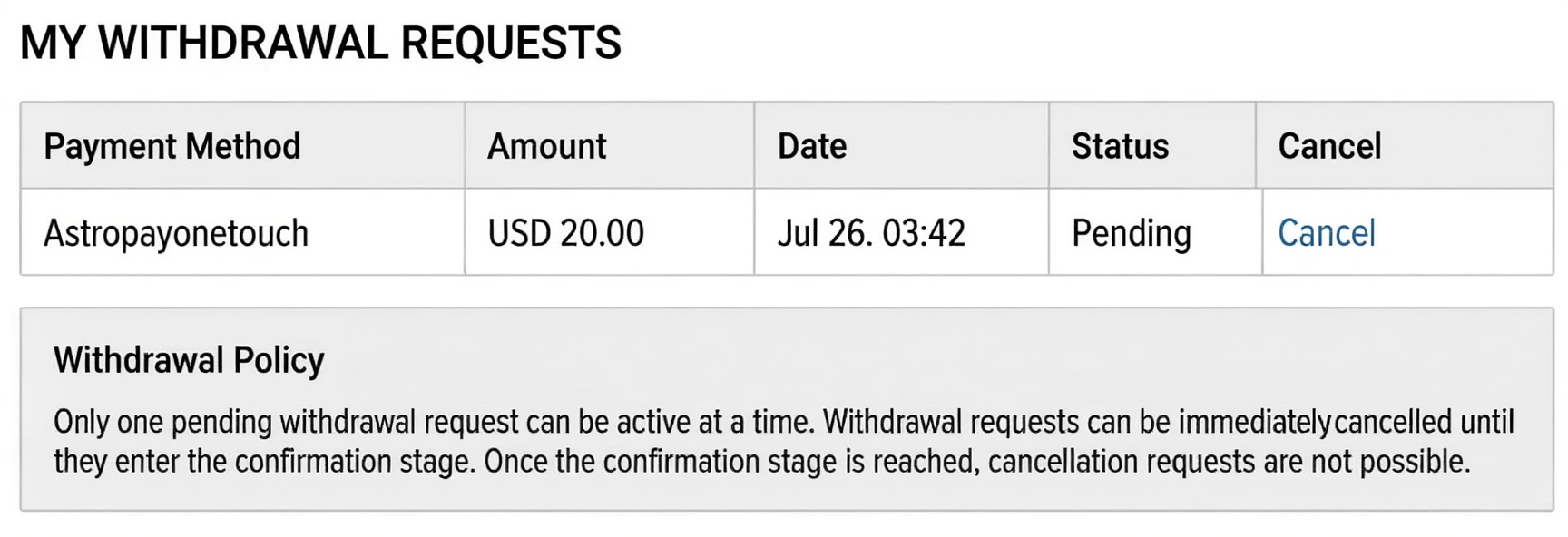 When you press "Withdraw," it enters payment processing like this.