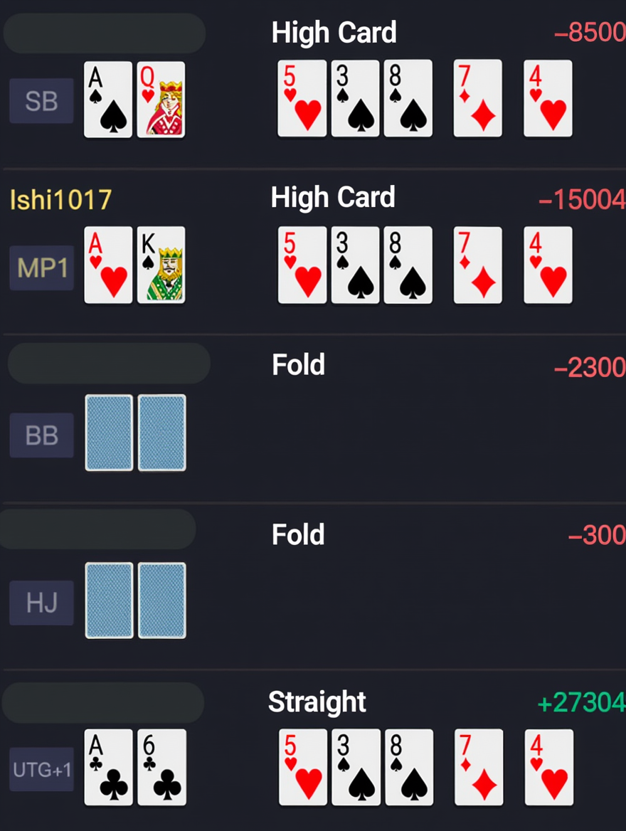 The winner was the person at the bottom, who won with a "45678" straight.