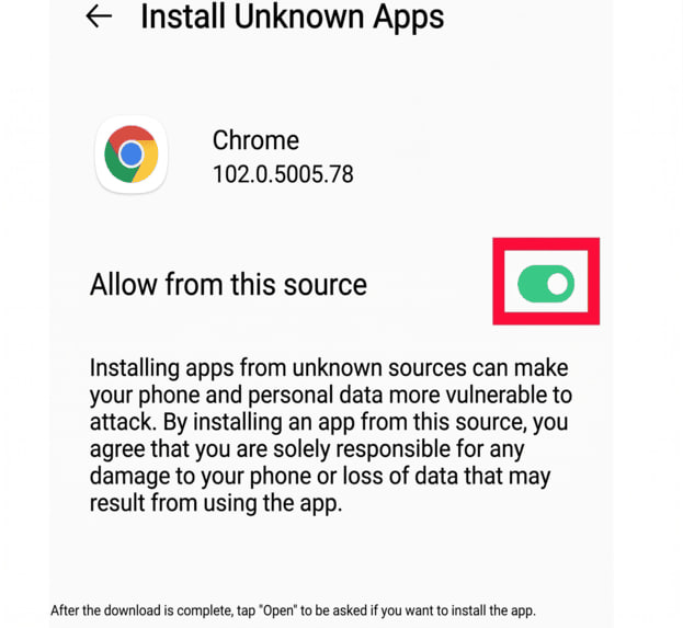 Toggle "Allow from this source" to ON (making it green), and the download will start automatically. Please wait for it to complete.