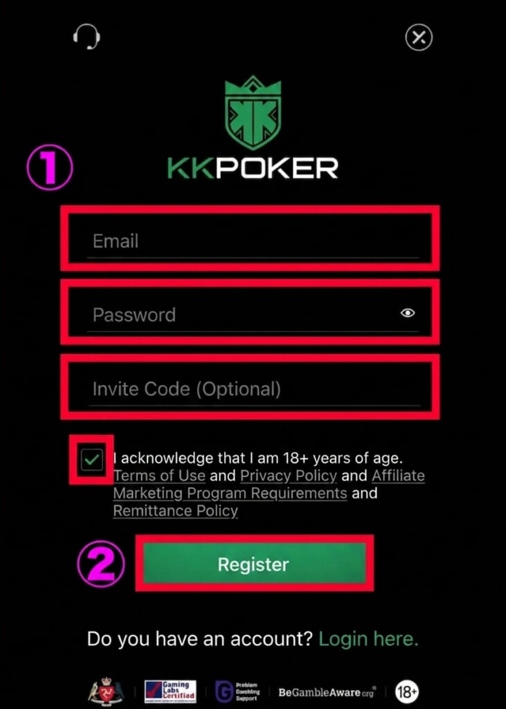 agree to the various terms and tap the register button to complete.
