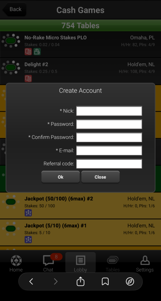 SwC Poker registering new account