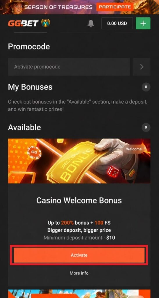 Activate GGBet bonus