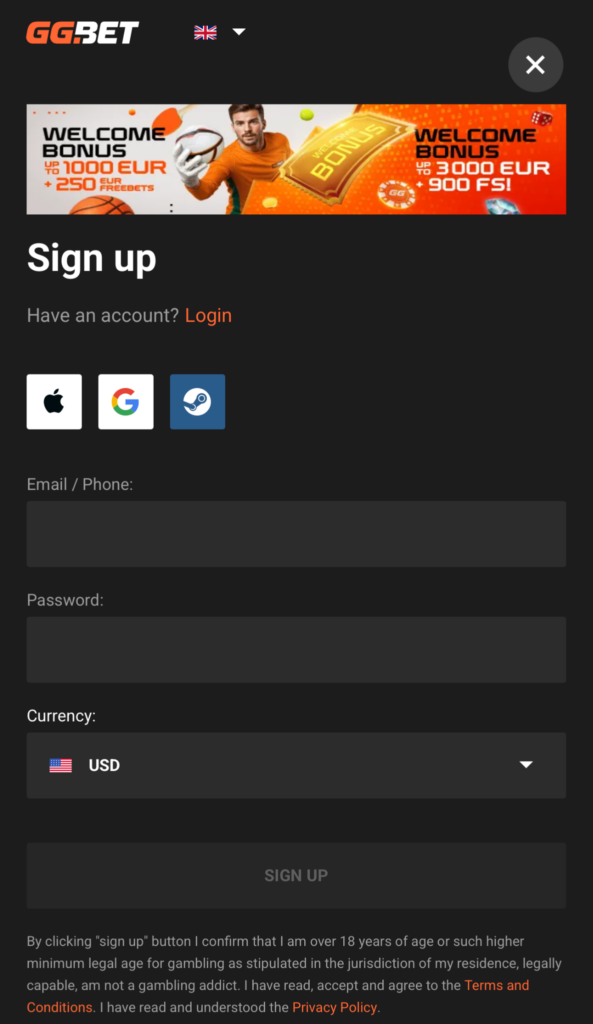 GGBEt sign up screen